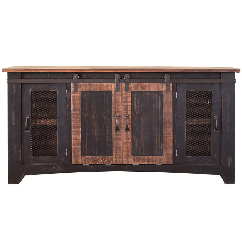 Black Solid Wood Cabinet Enclosed Storage Distressed TV Stand