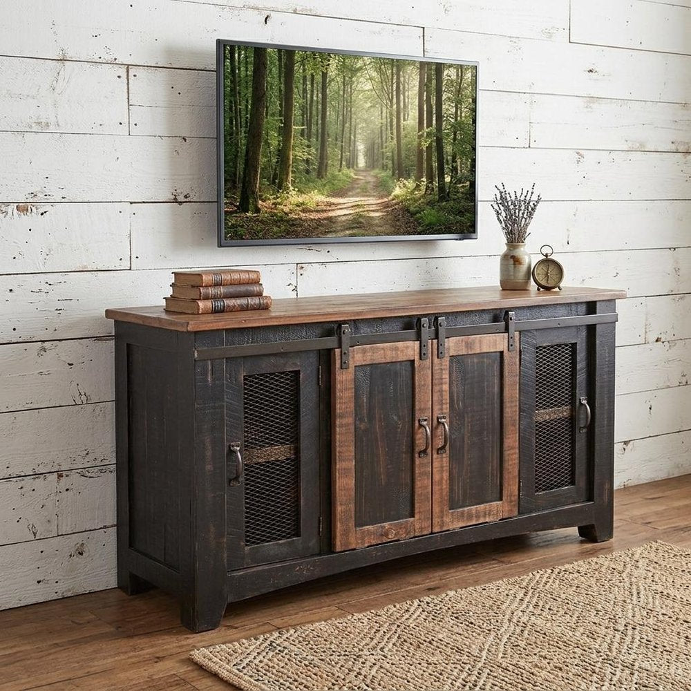 Black Solid Wood Cabinet Enclosed Storage Distressed TV Stand