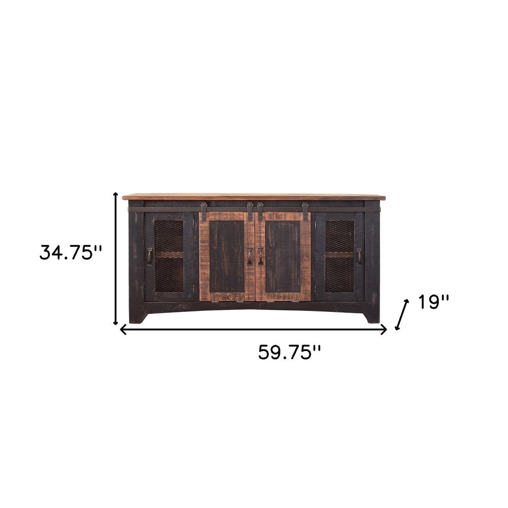 Black Solid Wood Cabinet Enclosed Storage Distressed TV Stand