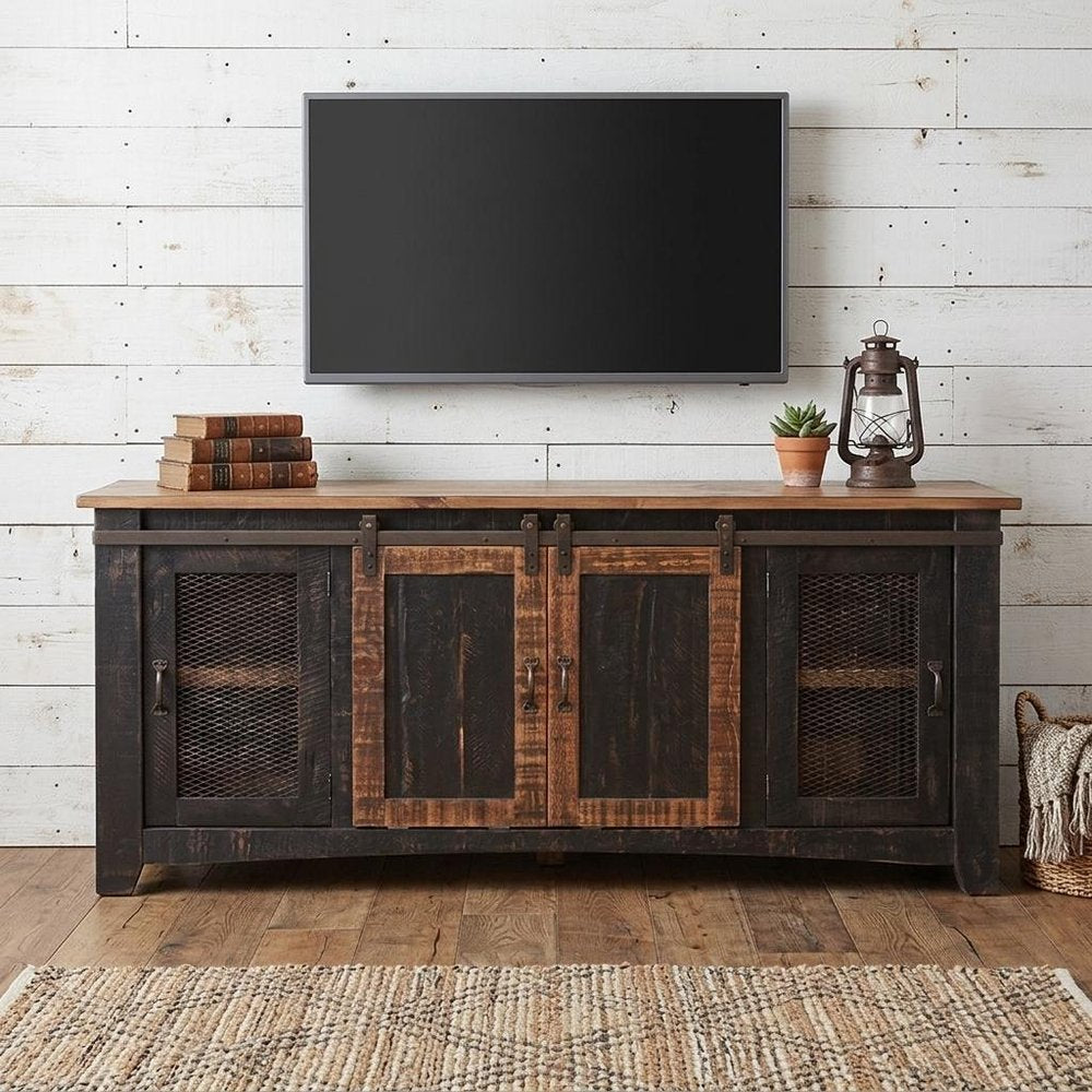 Black Solid Wood Cabinet Enclosed Storage Distressed TV Stand