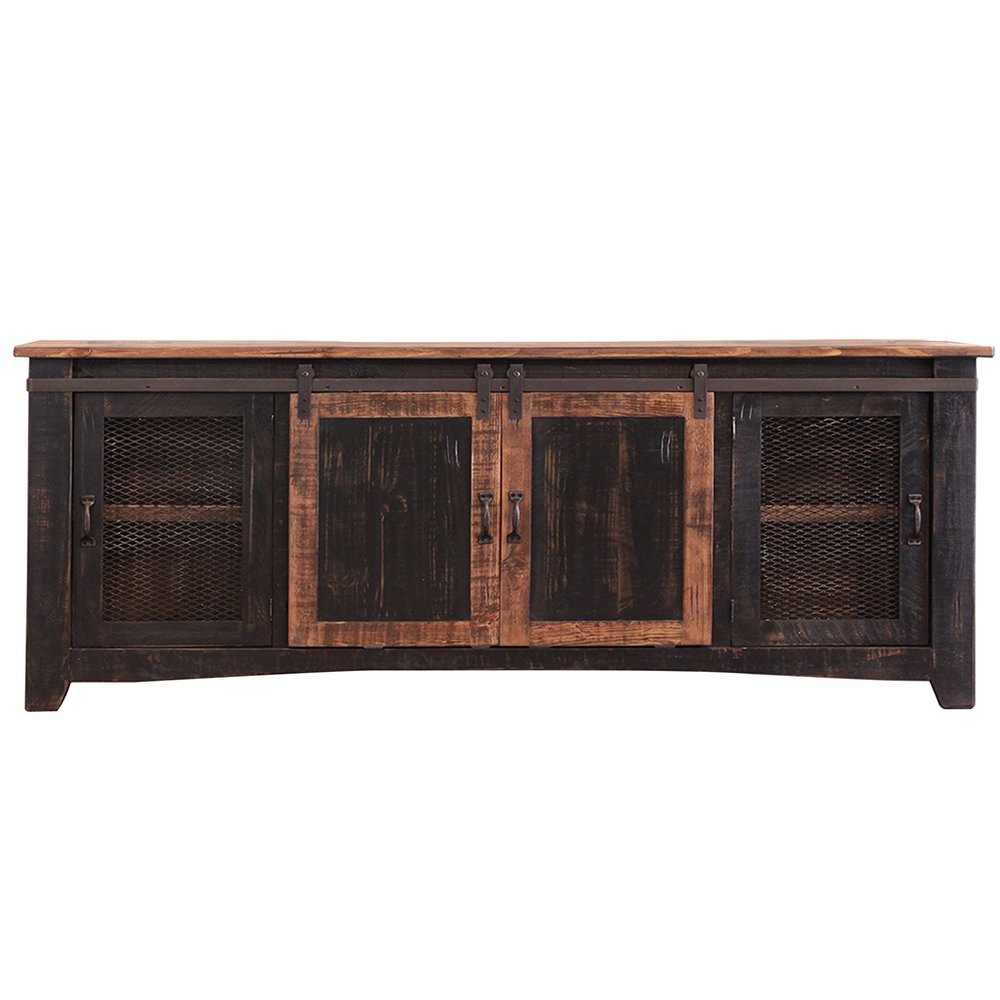 Black Solid Wood Cabinet Enclosed Storage Distressed TV Stand