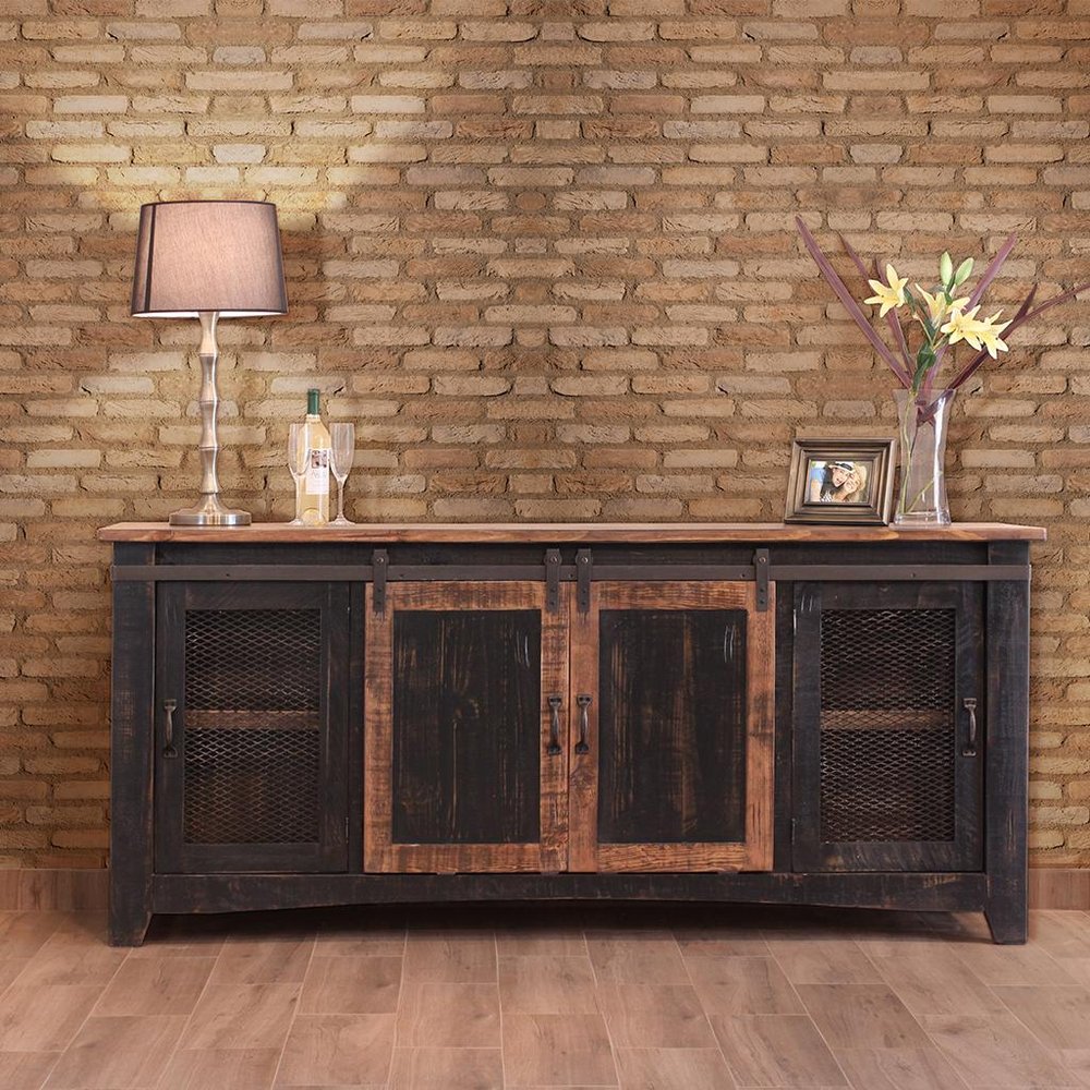 Black Solid Wood Cabinet Enclosed Storage Distressed TV Stand