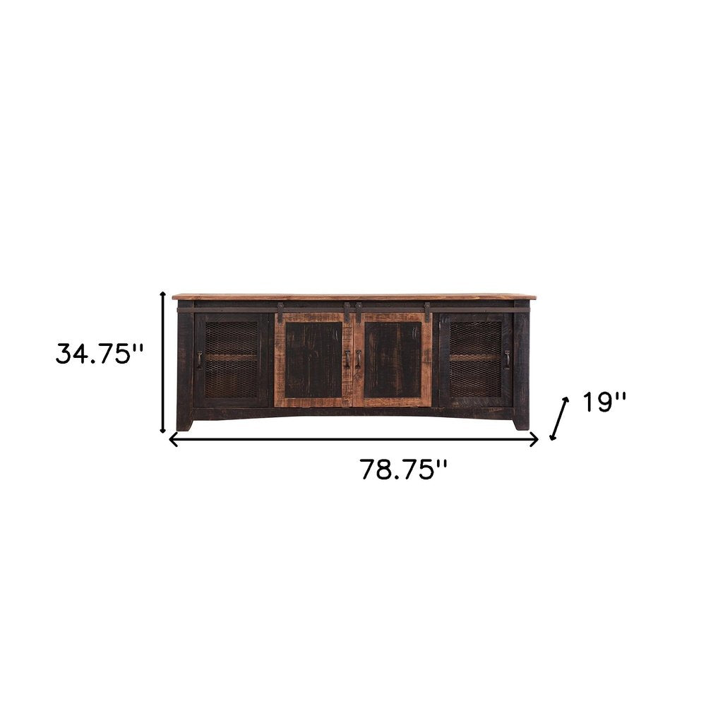 Black Solid Wood Cabinet Enclosed Storage Distressed TV Stand