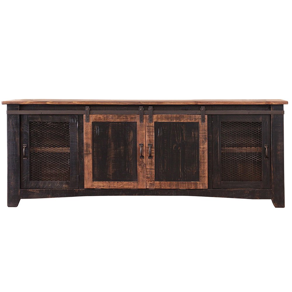 Black Solid Wood Cabinet Enclosed Storage Distressed TV Stand