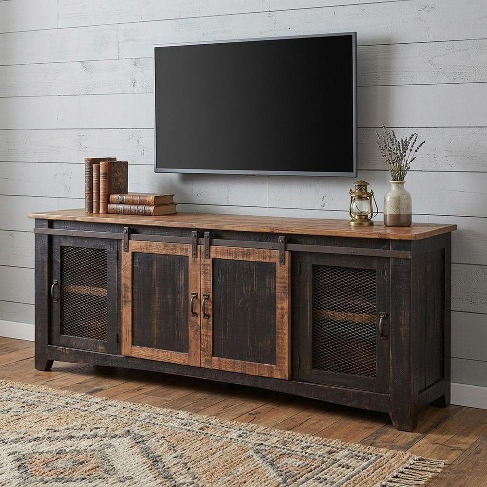 Black Solid Wood Cabinet Enclosed Storage Distressed TV Stand