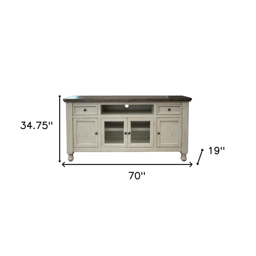Ivory Solid Wood Enclosed Storage Distressed TV Stand - 70-inch