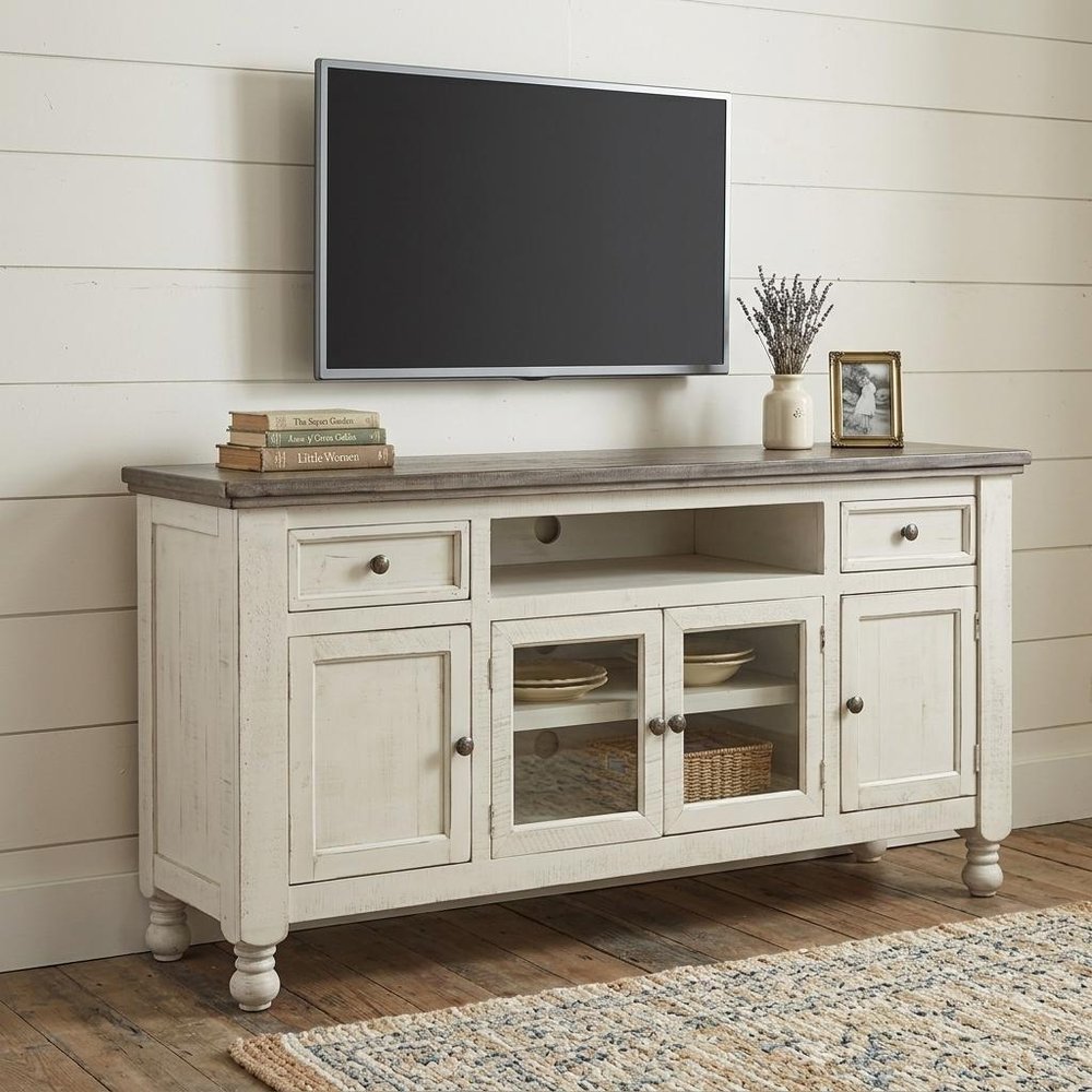 Ivory Solid Wood Enclosed Storage Distressed TV Stand - 70-inch