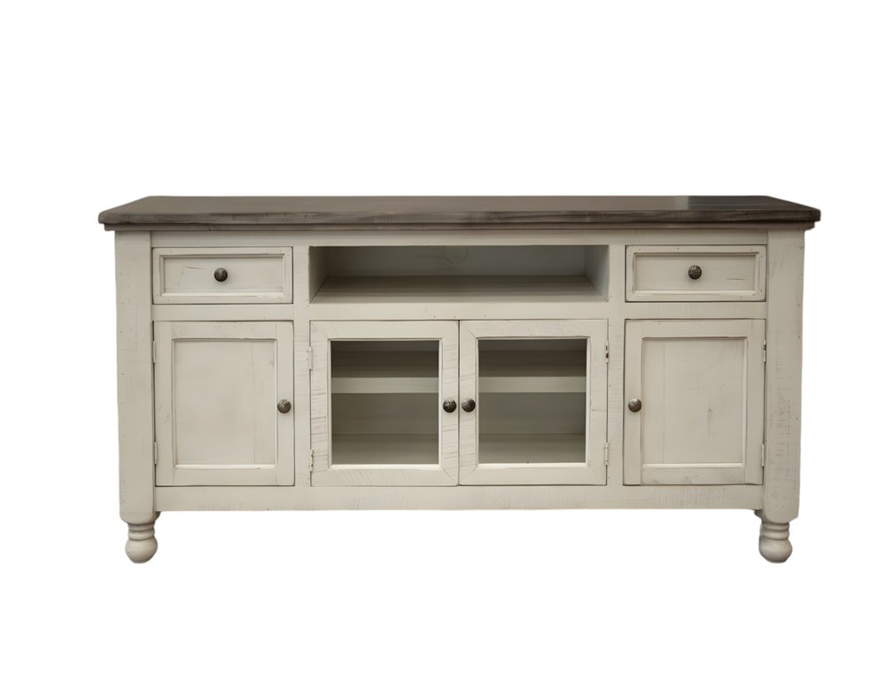 Ivory Solid Wood Open Shelving Distressed TV Stand - 79-inch
