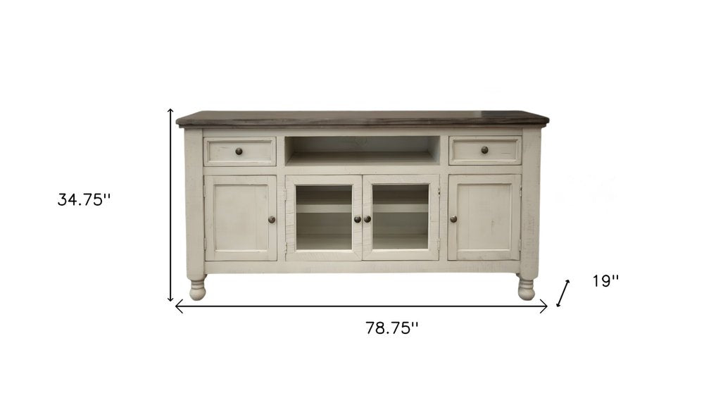 Ivory Solid Wood Open Shelving Distressed TV Stand - 79-inch