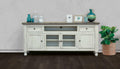 Ivory Solid Wood Open Shelving Distressed TV Stand - 79-inch