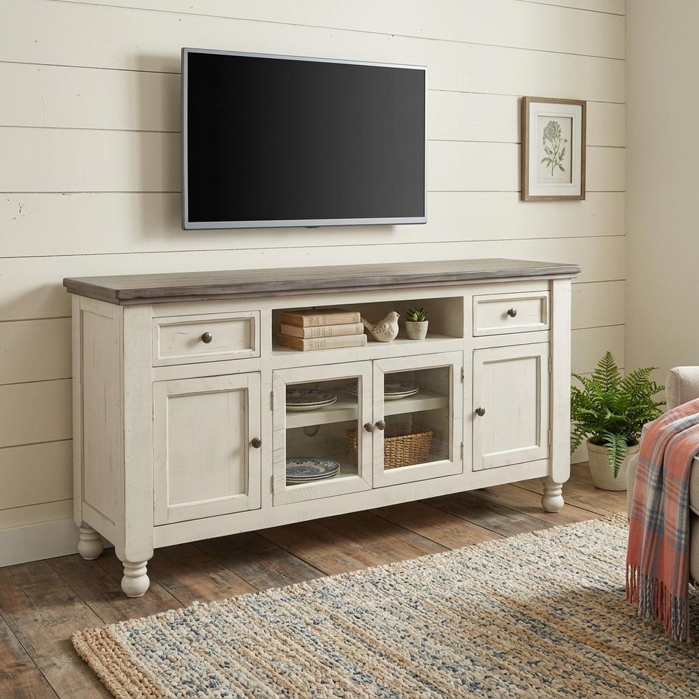 Ivory Solid Wood Open Shelving Distressed TV Stand - 79-inch