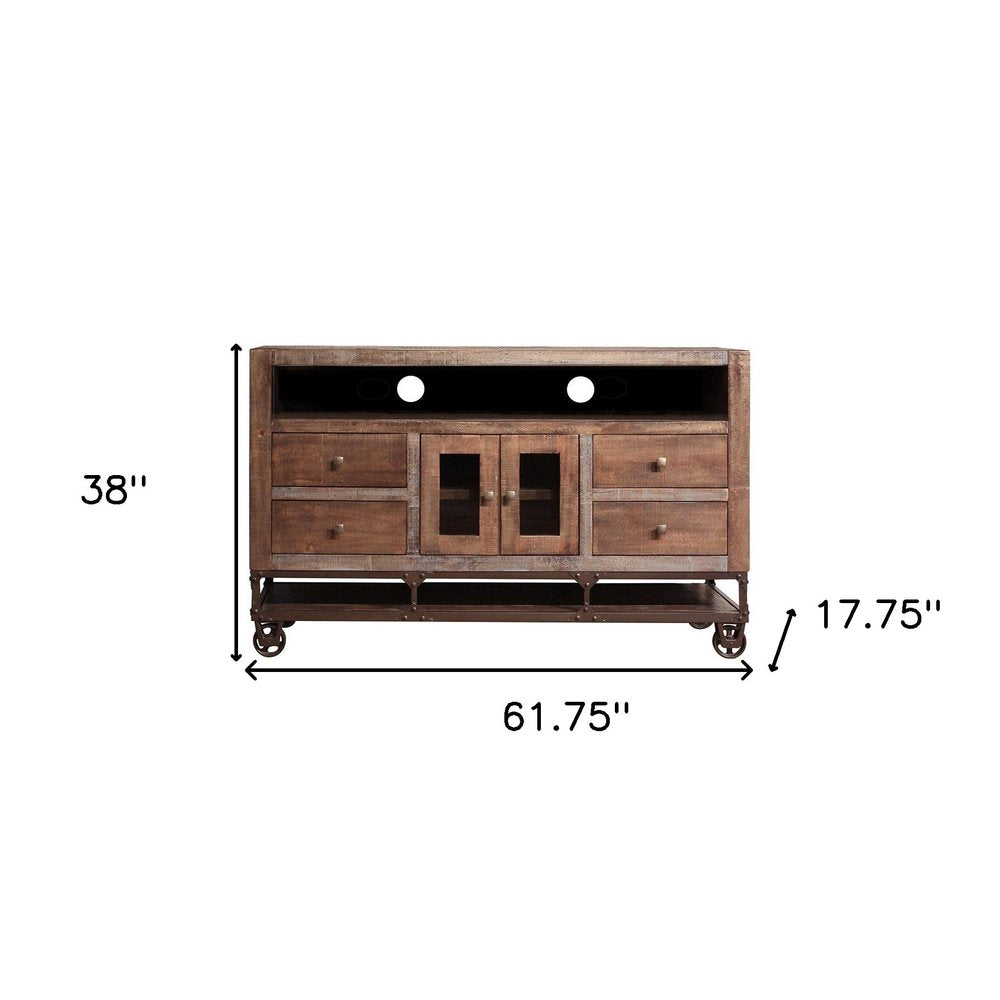 Brown Solid Wood Cabinet Enclosed Storage Distressed TV Stand