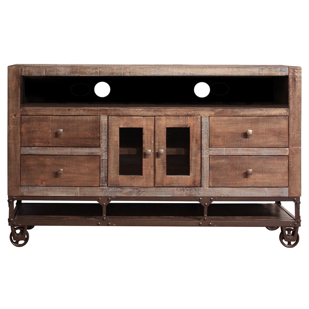 Brown Solid Wood Cabinet Enclosed Storage Distressed TV Stand