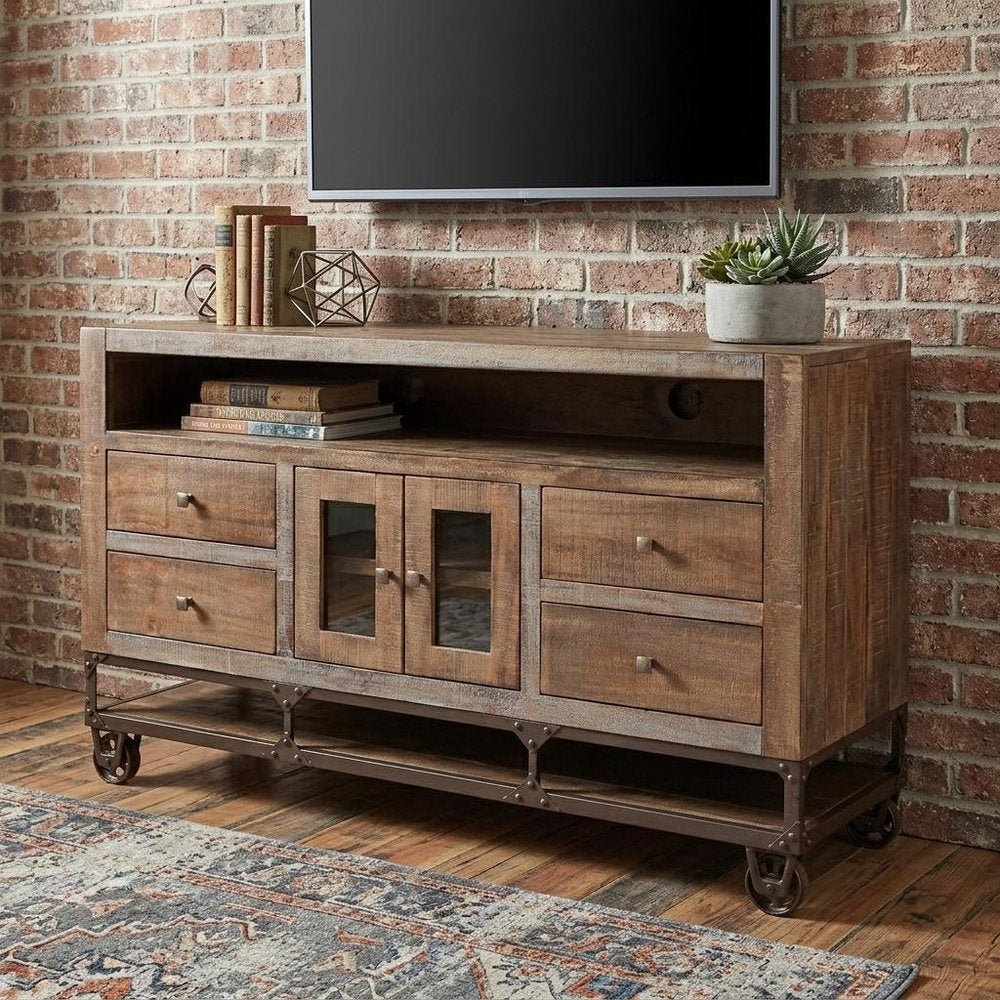 Brown Solid Wood Cabinet Enclosed Storage Distressed TV Stand
