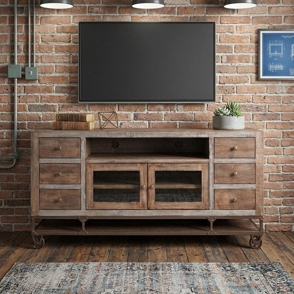 Brown Solid Wood Cabinet Enclosed Storage Distressed TV Stand