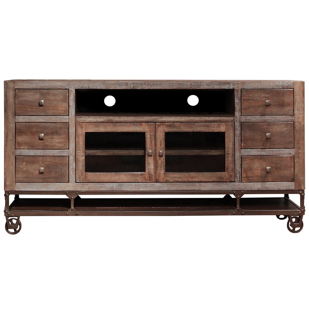 Brown Solid Wood Cabinet Enclosed Storage Distressed TV Stand