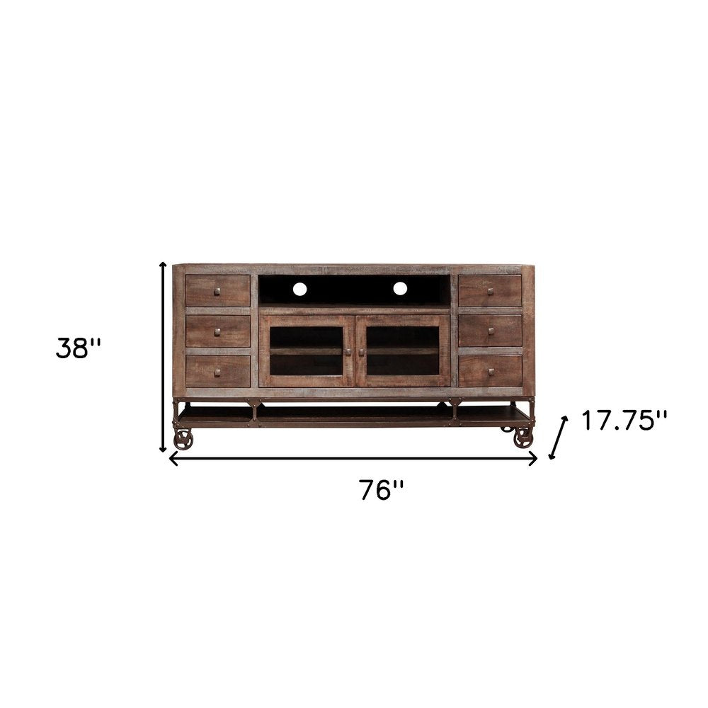 Brown Solid Wood Cabinet Enclosed Storage Distressed TV Stand