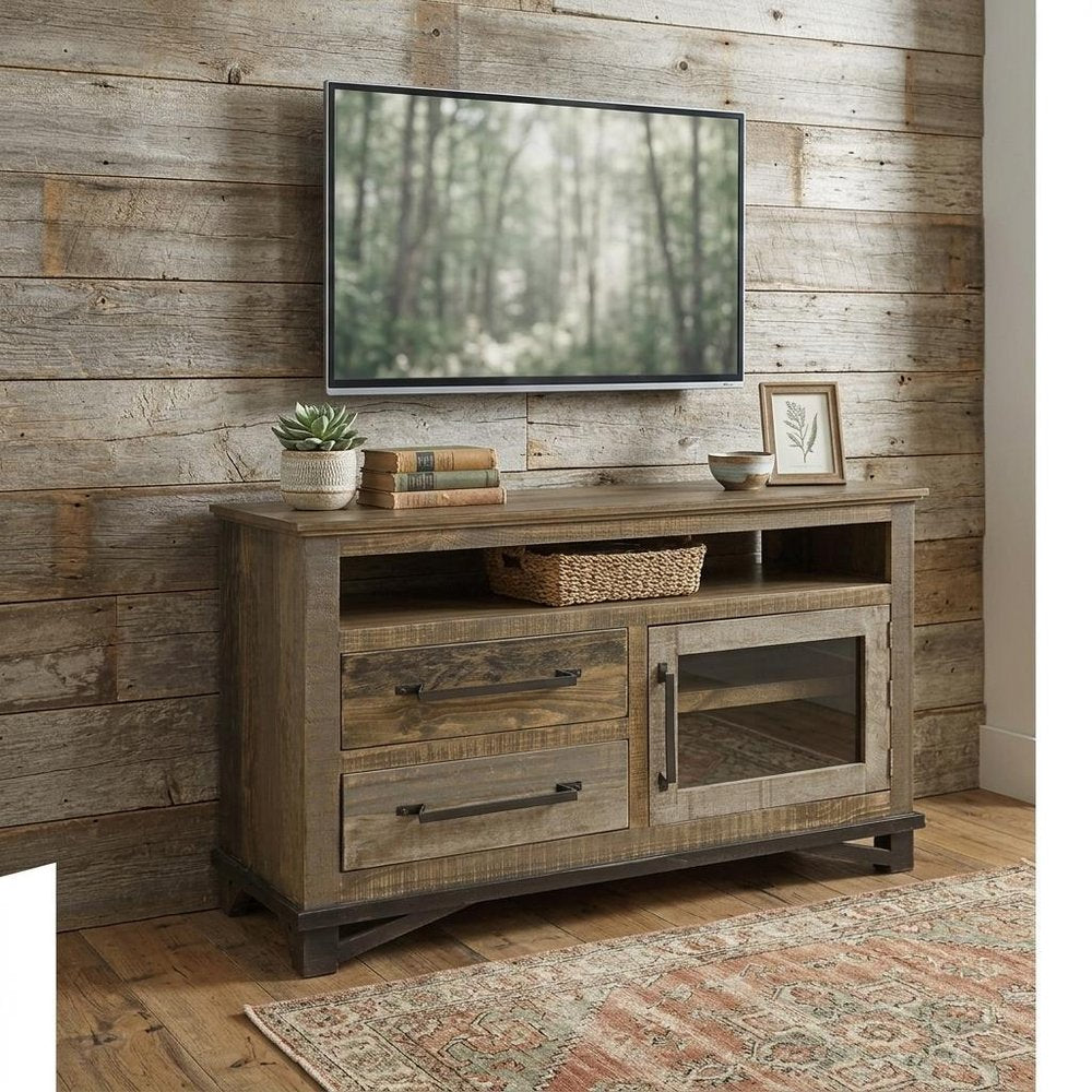 Brown Solid Wood Cabinet Enclosed Storage Distressed TV Stand