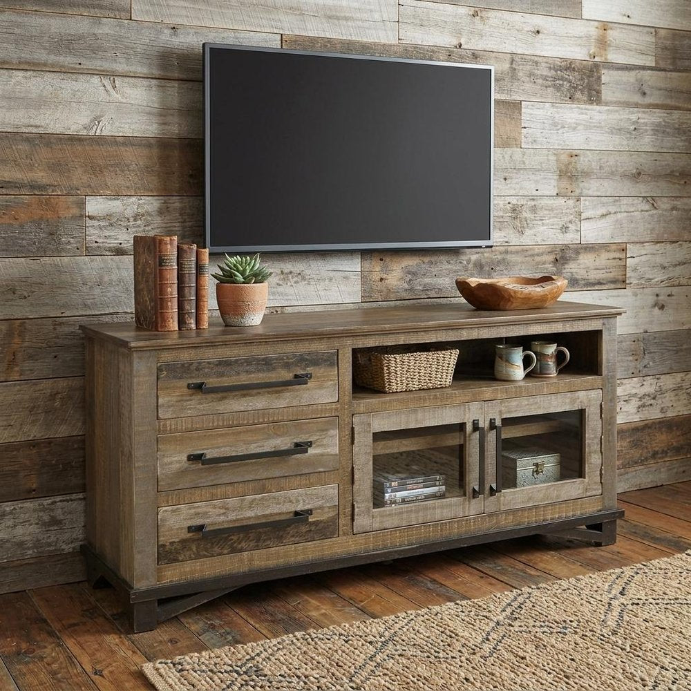 Brown Solid Wood Cabinet Enclosed Storage Distressed TV Stand