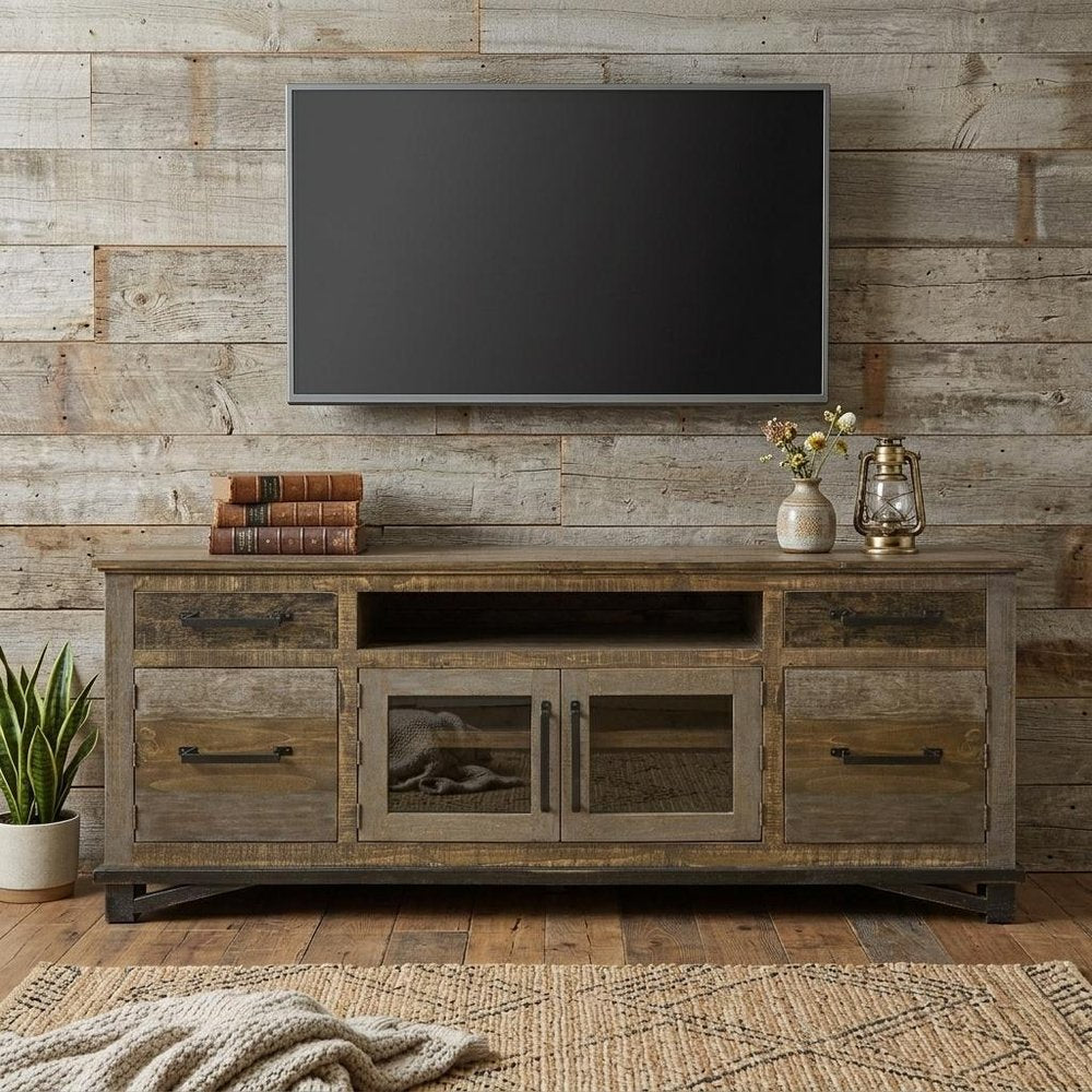 Brown Solid Wood Cabinet Enclosed Storage Distressed TV Stand