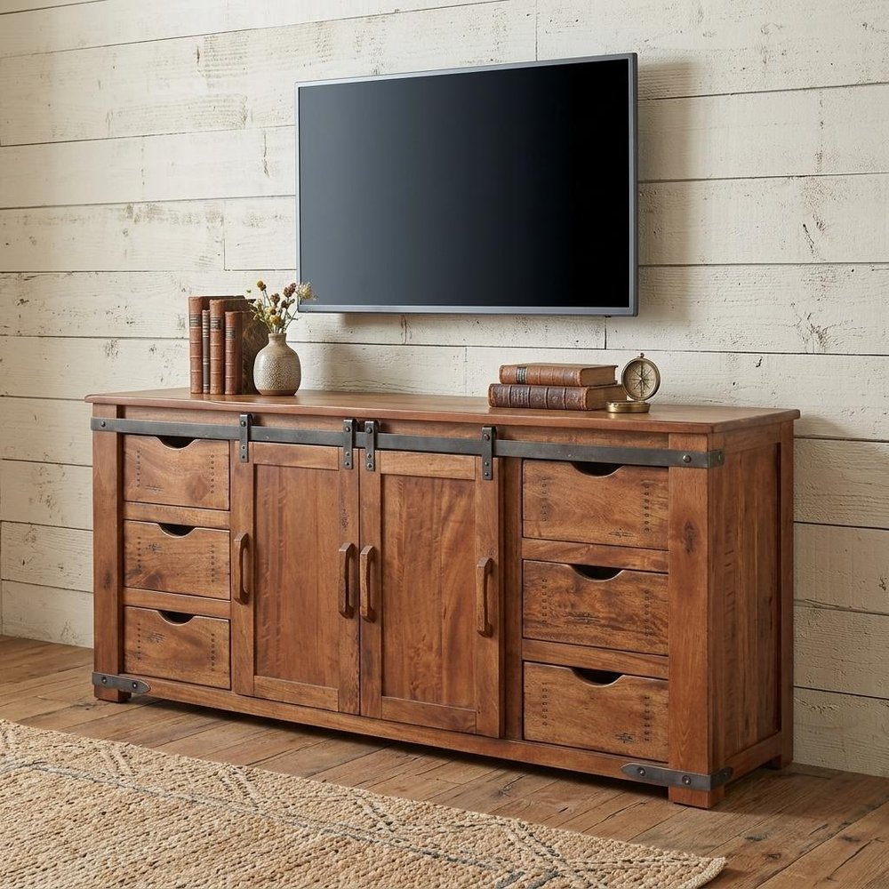 Brown Solid Wood Enclosed Storage Distressed TV Stand - 70-inch
