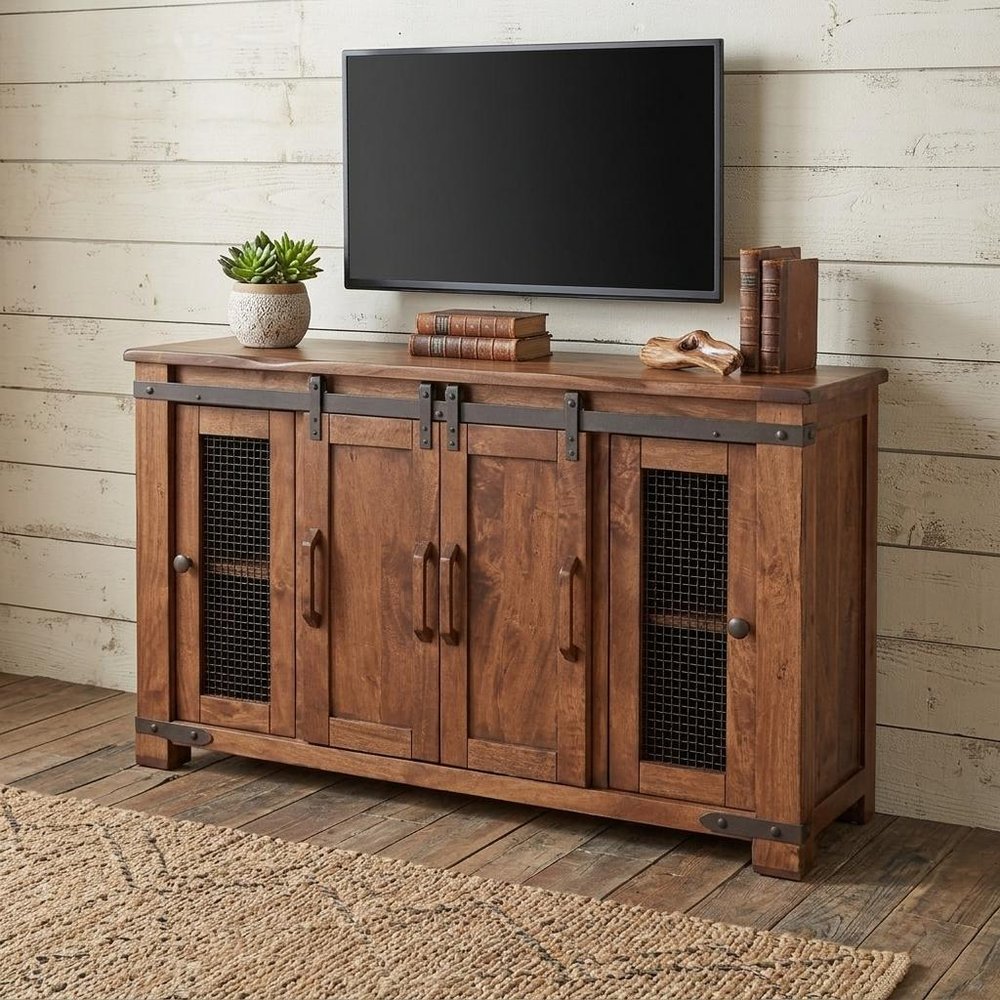 Brown Solid Wood Cabinet Enclosed Storage Distressed TV Stand - 60-inch