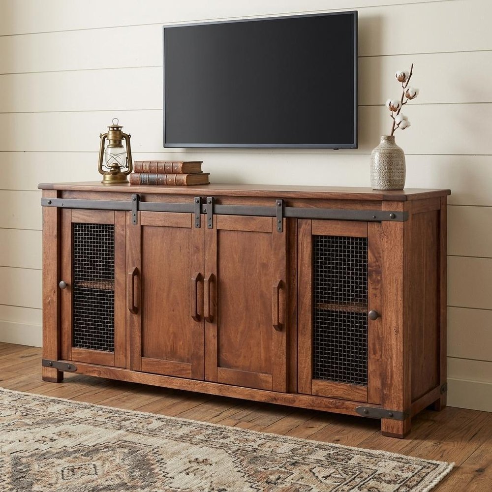 Brown Solid Wood Cabinet Enclosed Storage Distressed TV Stand