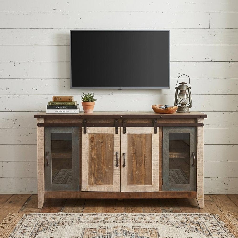 Brown Solid Wood Cabinet Enclosed Storage Distressed TV Stand - 60-inch