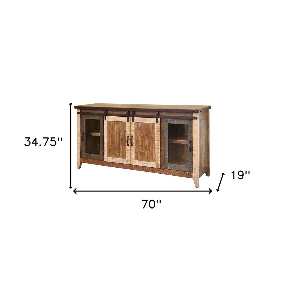 Brown Solid Wood Cabinet Enclosed Storage Distressed TV Stand - 70-inch