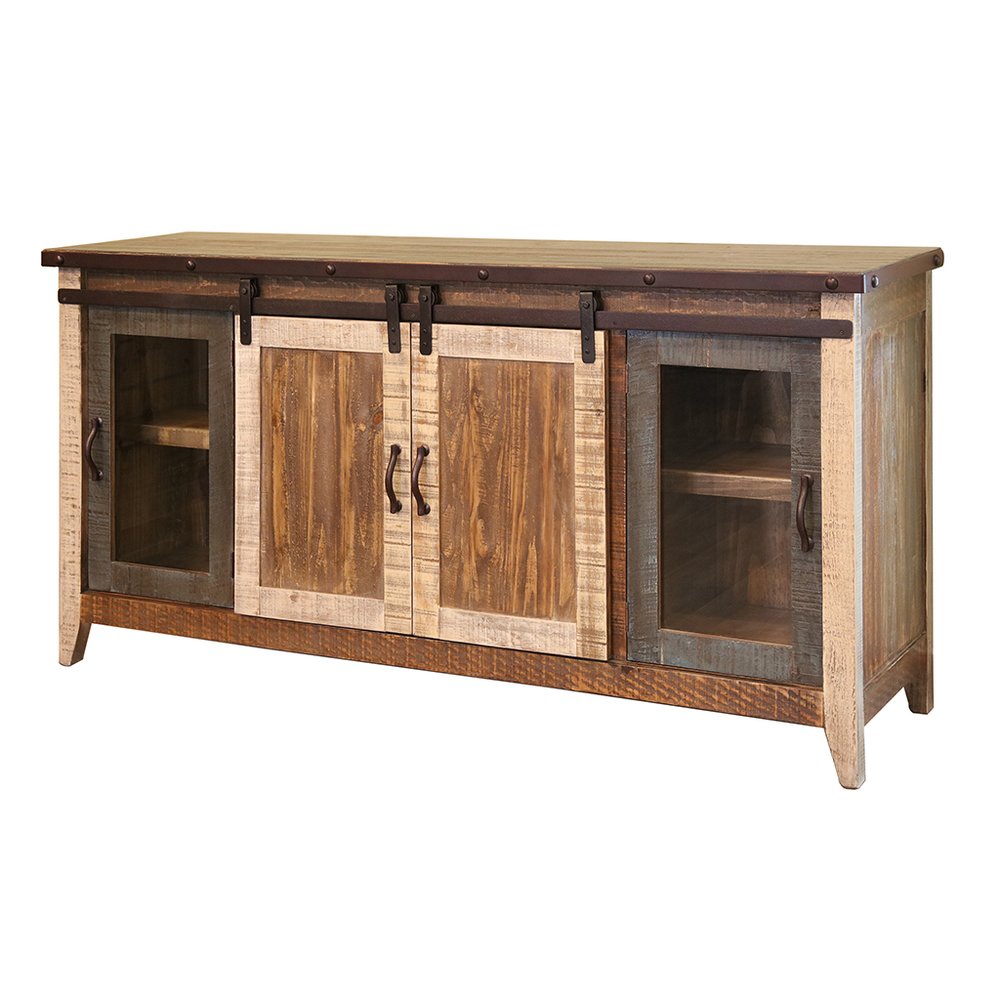 Brown Solid Wood Cabinet Enclosed Storage Distressed TV Stand - 70-inch