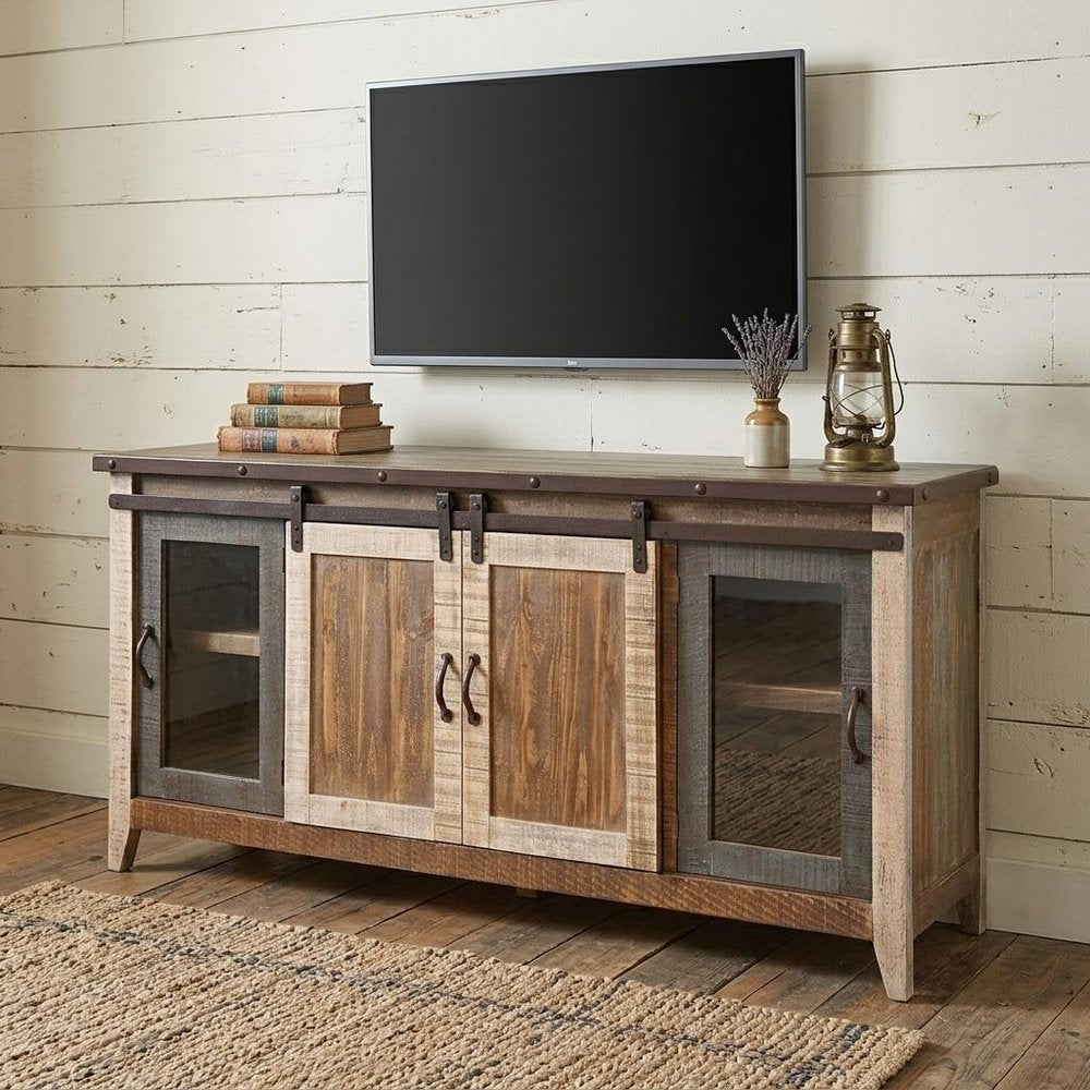 Brown Solid Wood Cabinet Enclosed Storage Distressed TV Stand - 70-inch