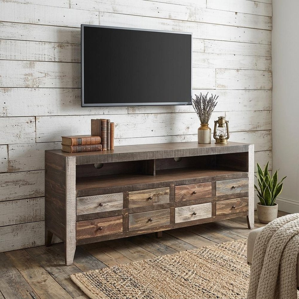 Brown Solid Wood Cabinet Enclosed Storage Distressed TV Stand