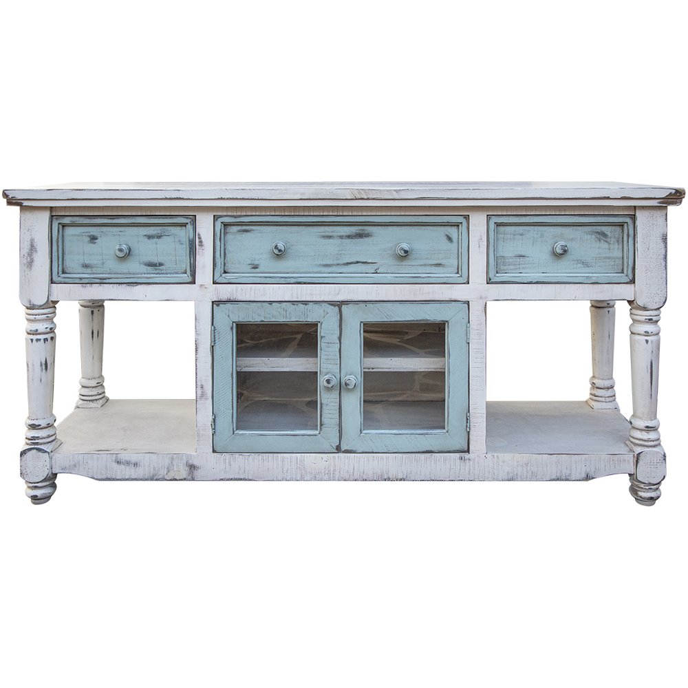 Blue and White Solid Wood Open Shelving Distressed TV Stand - 70-inch