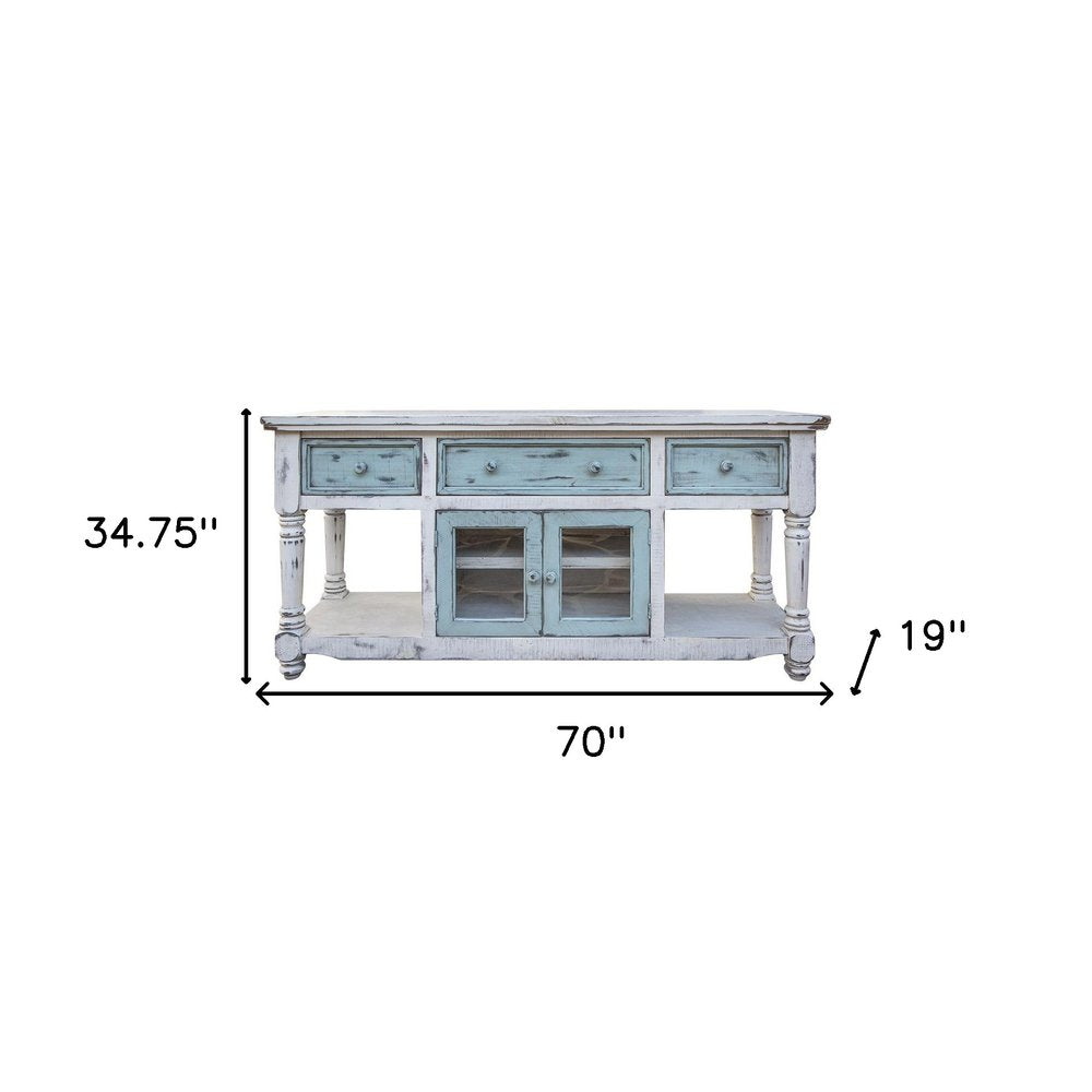 Blue and White Solid Wood Open Shelving Distressed TV Stand - 70-inch