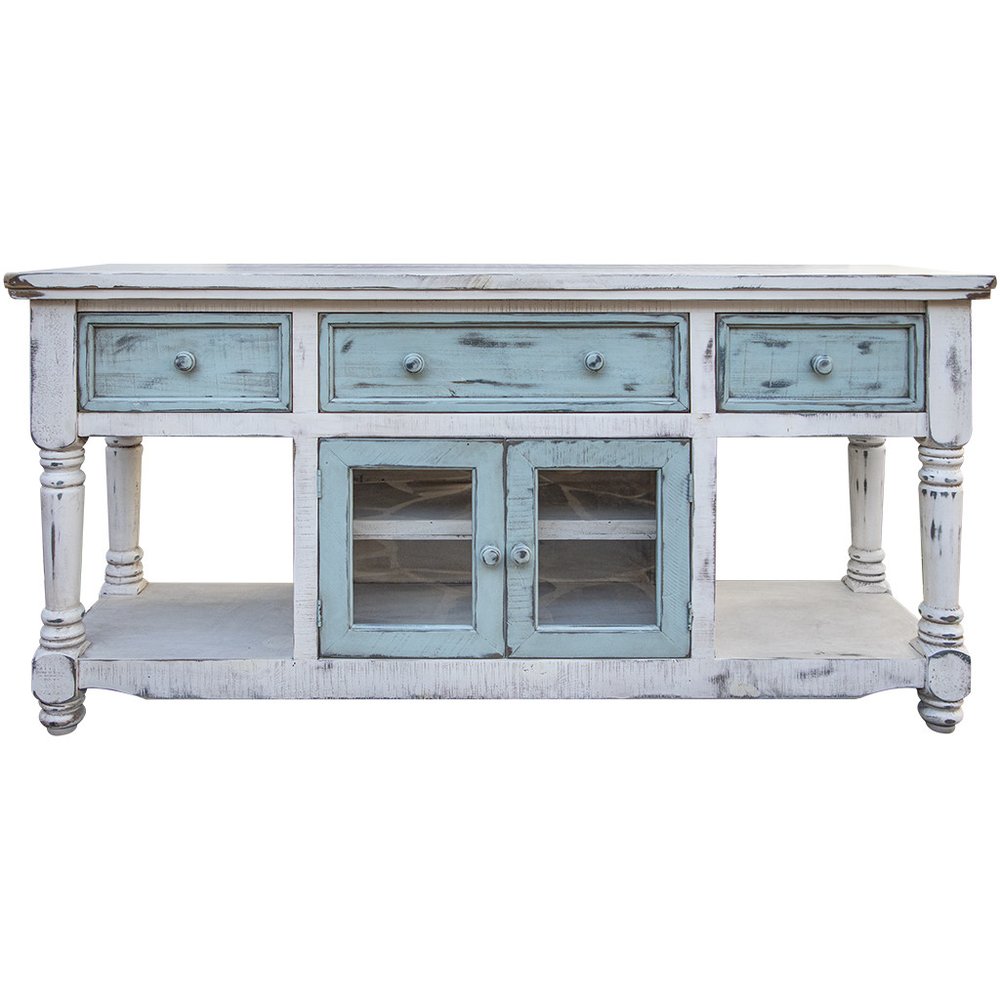 Blue and White Solid Wood Open Shelving Distressed TV Stand - 70-inch