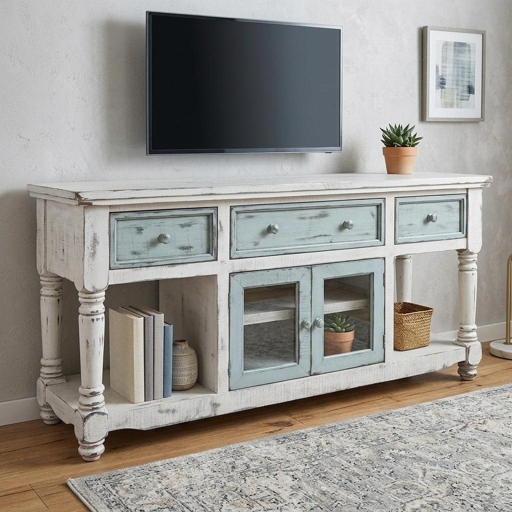 Blue and White Solid Wood Open Shelving Distressed TV Stand - 70-inch