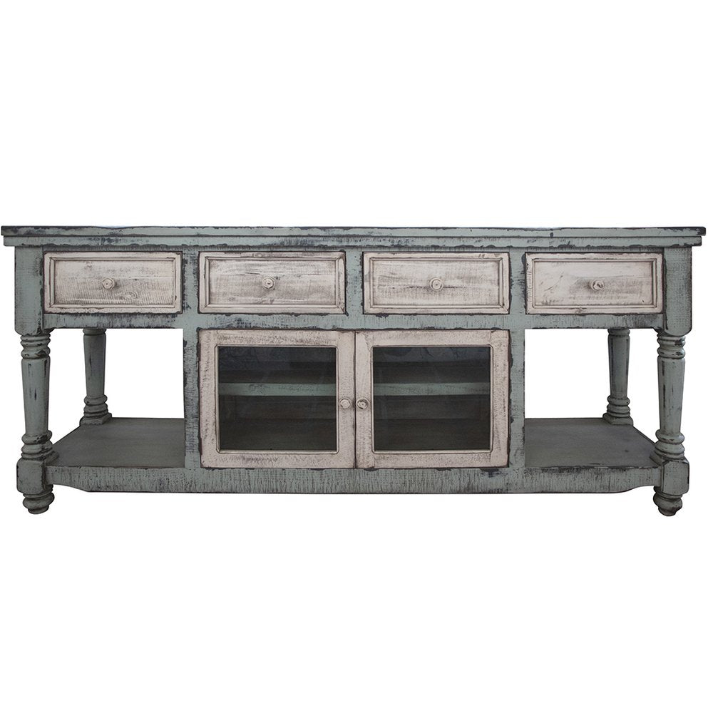 Blue and White Solid Wood Open Shelving Distressed TV Stand - 70-inch