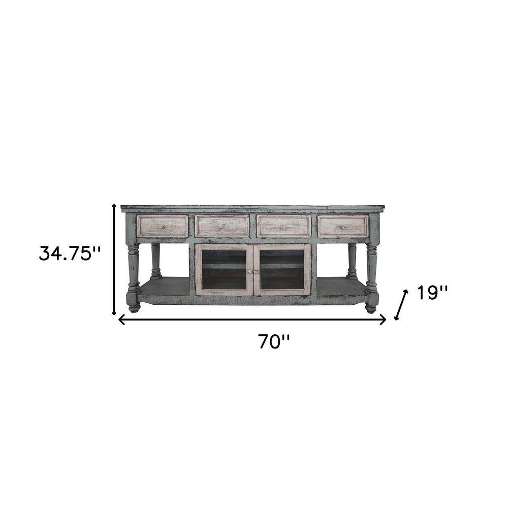 Blue and White Solid Wood Open Shelving Distressed TV Stand - 70-inch