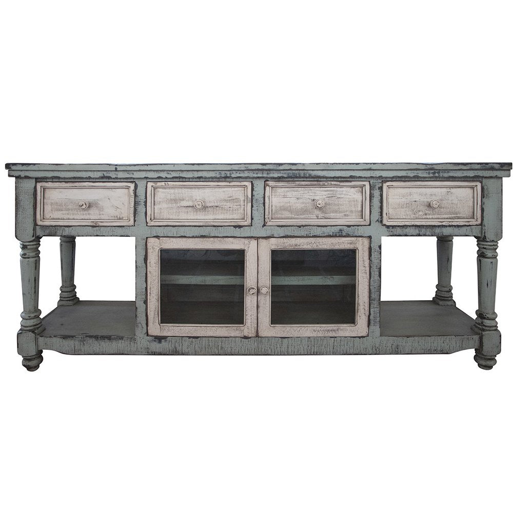 Blue and White Solid Wood Open Shelving Distressed TV Stand - 70-inch