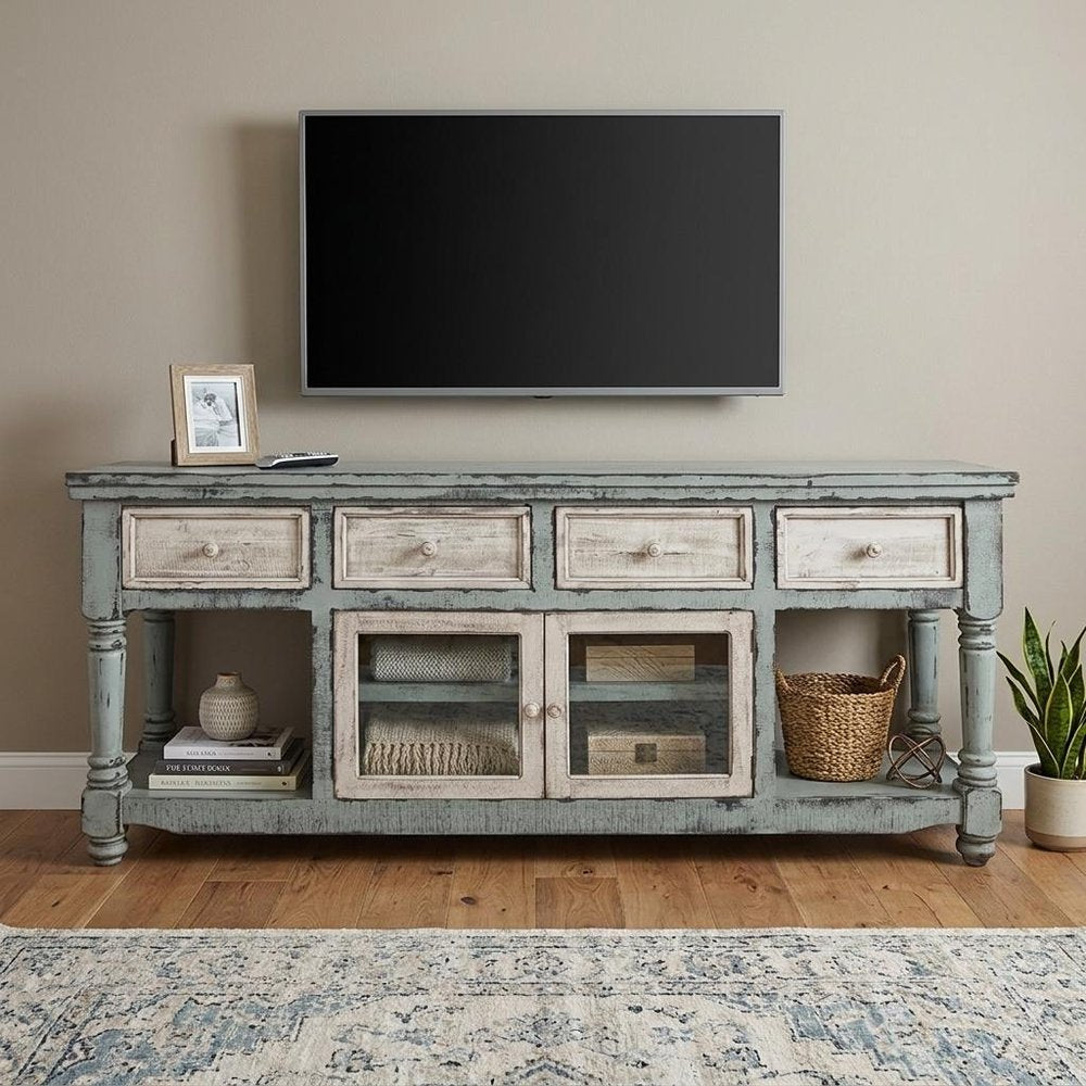 Blue and White Solid Wood Open Shelving Distressed TV Stand - 70-inch