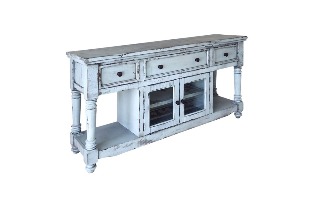 Blue Solid Wood Open Shelving Distressed TV Stand - 70-inch