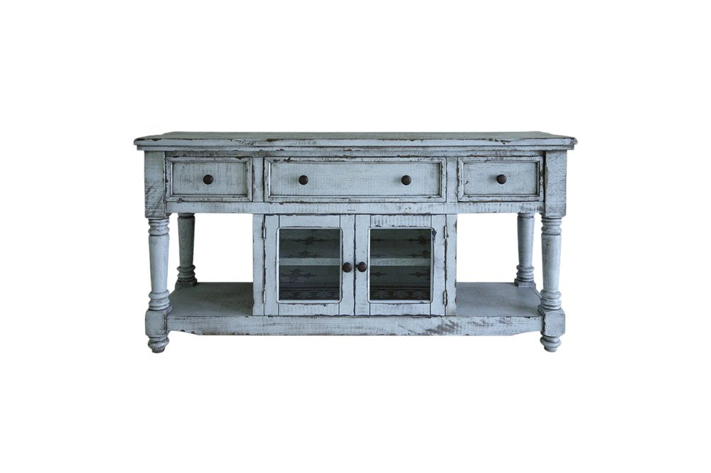 Blue Solid Wood Open Shelving Distressed TV Stand - 70-inch