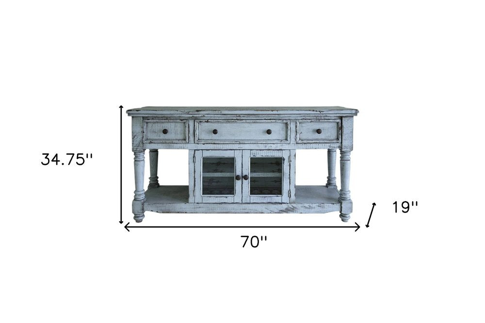 Blue Solid Wood Open Shelving Distressed TV Stand - 70-inch