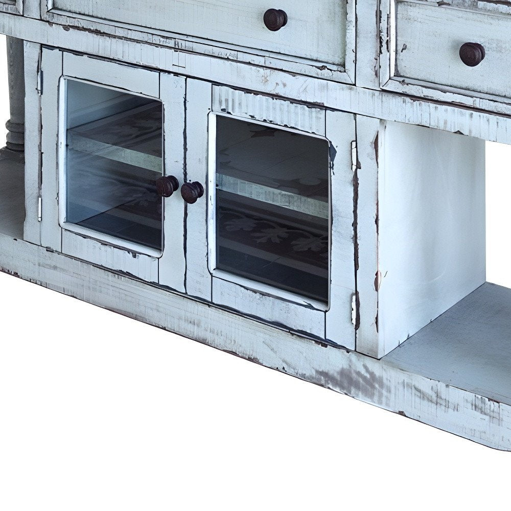 Blue Solid Wood Open Shelving Distressed TV Stand - 70-inch