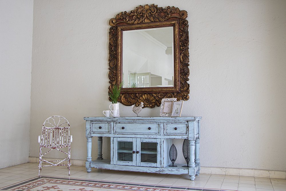 Blue Solid Wood Open Shelving Distressed TV Stand - 70-inch