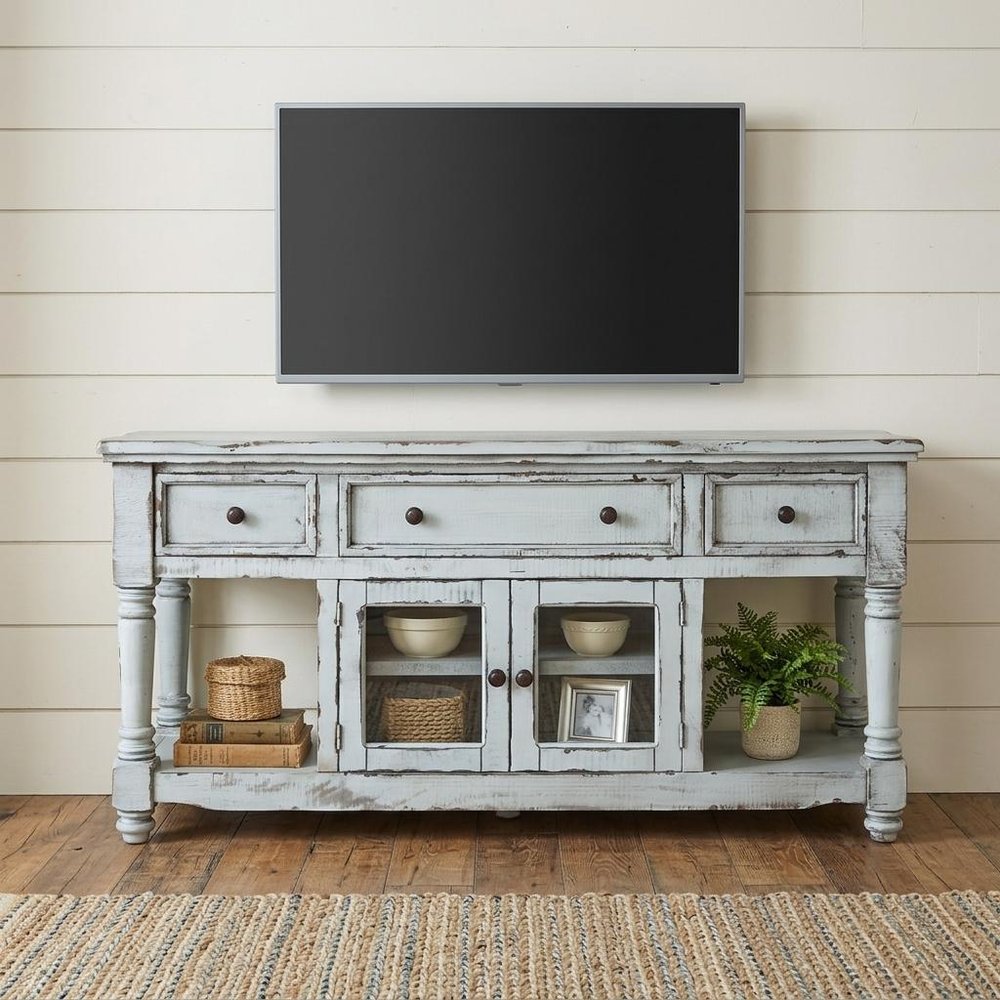 Blue Solid Wood Open Shelving Distressed TV Stand - 70-inch