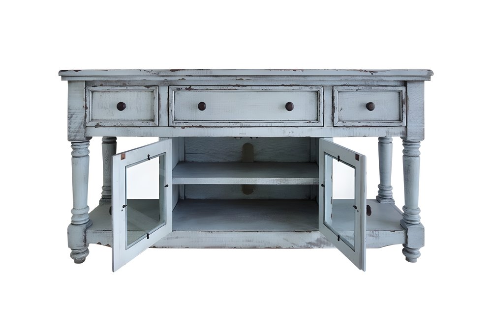 Blue Solid Wood Open Shelving Distressed TV Stand - 70-inch