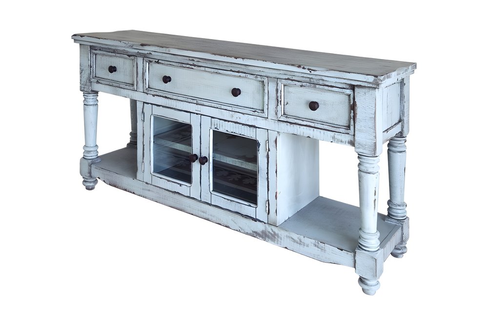 Blue Solid Wood Open Shelving Distressed TV Stand - 70-inch