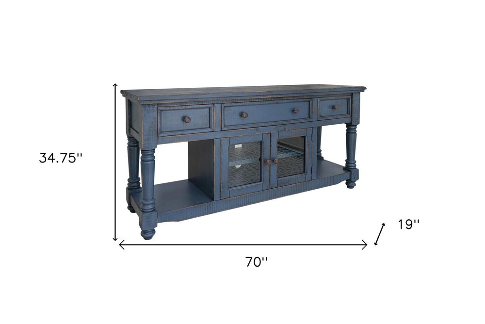 Blue Mango Solid Wood Open Shelving Distressed TV Stand - 70-inch