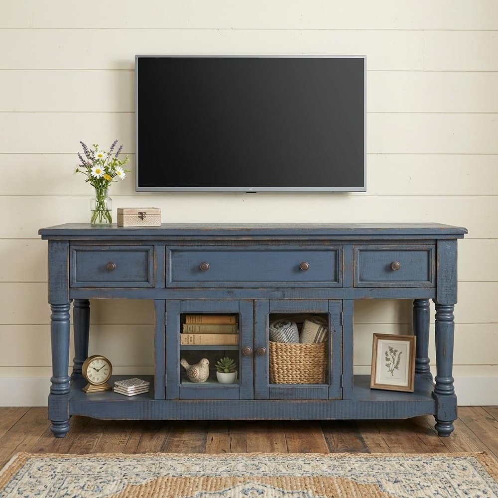 Blue Mango Solid Wood Open Shelving Distressed TV Stand - 70-inch